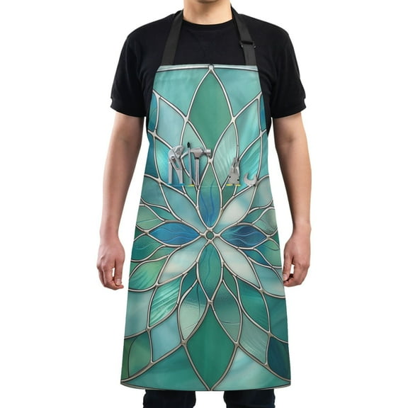 Kitchen Apron with 2 Pockets Adjustable waterproof Cooking Aprons for Women Men Chef Floral Stained Glass