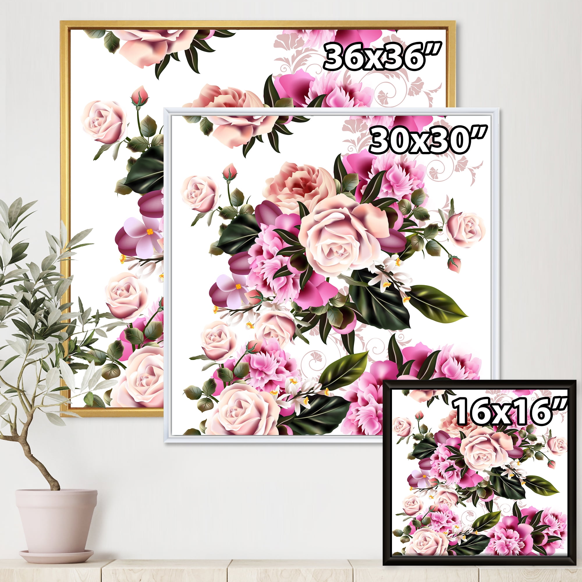 Designart 'Peony Vintage Flowers' Traditional Framed Canvas Wall Art Print