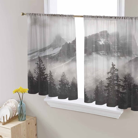 Mountains Forest Sheer Curtains 54 Inches Length 2 Panels Set, Window Sheer Curtains for Living Room/Bedroom, Modern Nature Fog Landscape Light Filtering Rod Pocket Curtain 52'' x 54'' x 2