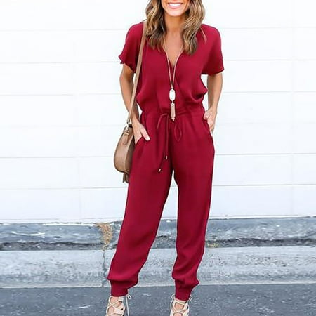 

Alrise Red Jumpsuit Women Chiffon Short Sleeve Clubwear Playsuit Cool Party Jumpsuit Romper Red Medium
