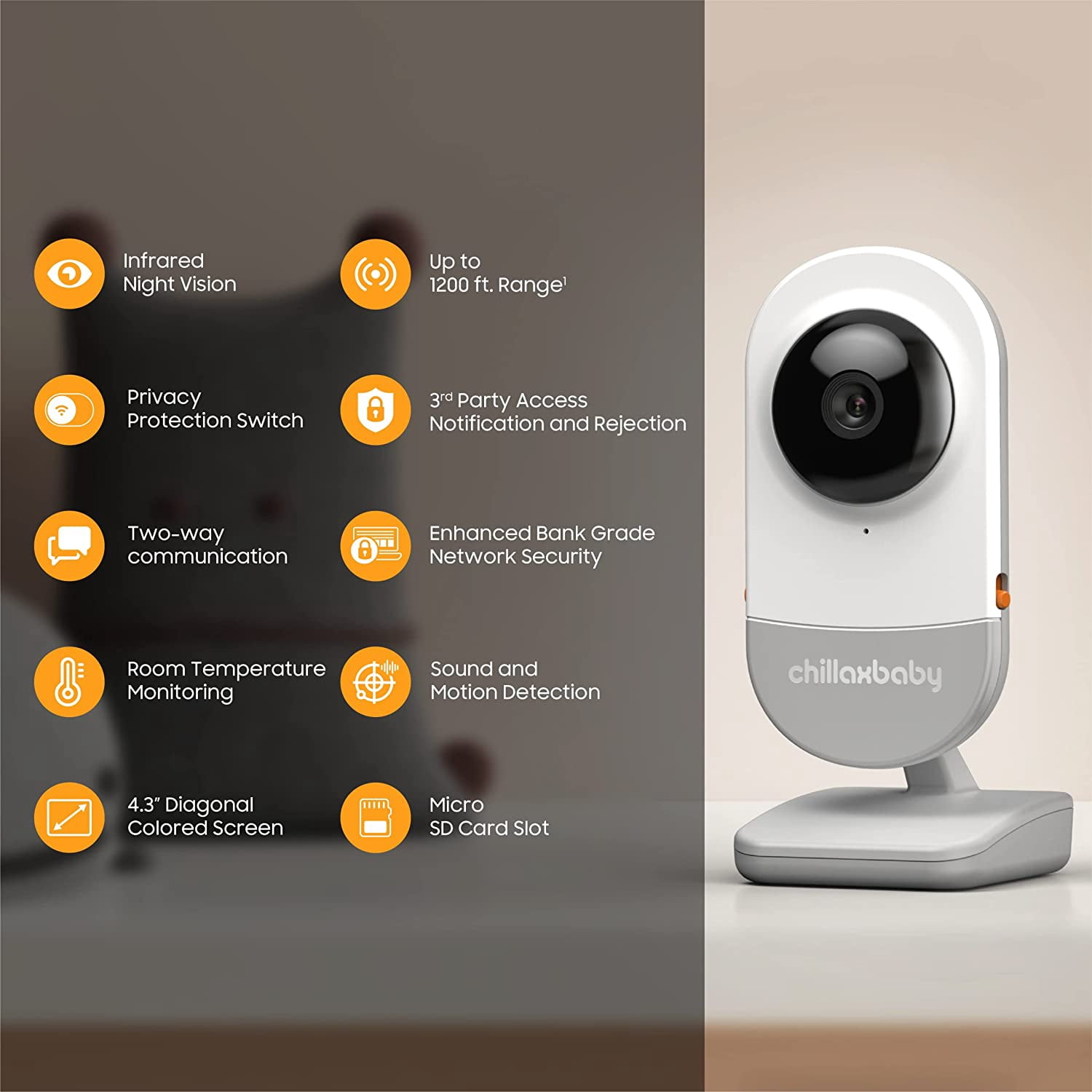 Chillax Daily Baby DM640 - WiFi Baby Monitor with Camera & Control Unit, 4.3" Screen, HD Camera, Privacy Protection Switch, WiFi Remote Streaming, 2-Way Audio, Night Vision - Powered by 5GenCare