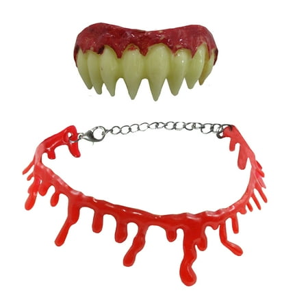 Razor Sharp Fake Bloody Killer Teeth Fangs Dripping Blood Necklace Accessory Kit
