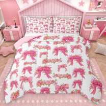 Homewish Kawaii Floral Bowknot 3 Pieces Queen Comforter Set for Teens Boys Girls,Chic Flowers Ultra Soft Bedding Sets,Spring Garden Bedding Comforter Set Breathable,Lightweight Room Decor,Reversible