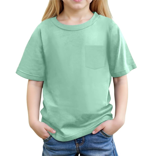 NINGMENG Juniors Filles Hauts & T-Shirts Été Couleur Unie Col Rond Manches Courtes T-Shirts Décontractés de Plage Vêtements de Vacances, Vert, 10-11 Ans