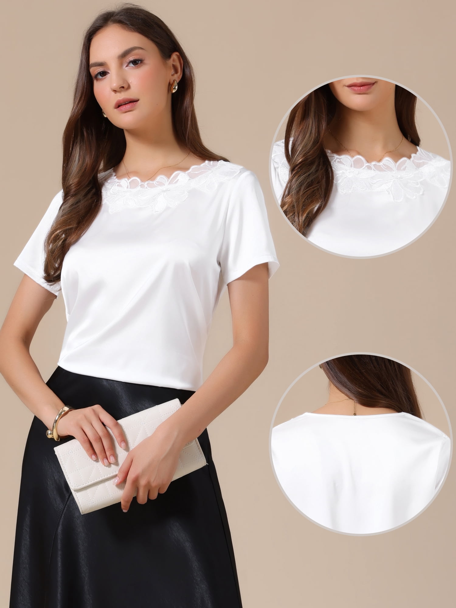 DARING DIVA Women's Elegant Floral Lace Blouse Short Sleeve Casual Work Shirt XL White