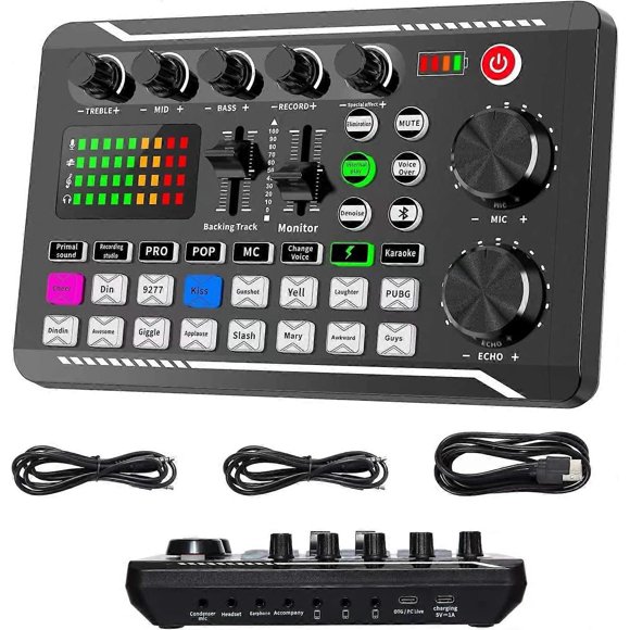 Live Sound Card and Audio Interface with DJ Mixer Effects and Voice Changer, F998 Bluetooth Stereo Audio Mixer