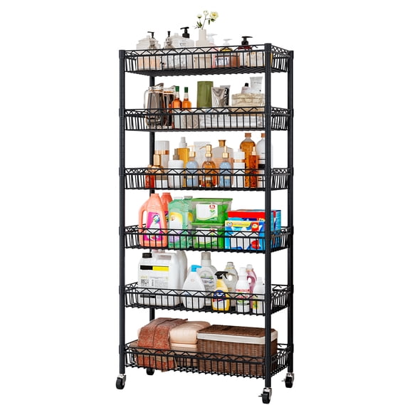 Forthcan 6 Tier Adjustable Basket Shelf with Wheels & Locks 65" H x 29.5" W x 13.4" D Wire Shelving Storage Shelves Mobile Big Basket Shelving Unit for Kitchen,Bathroom,Laundry Room,Black