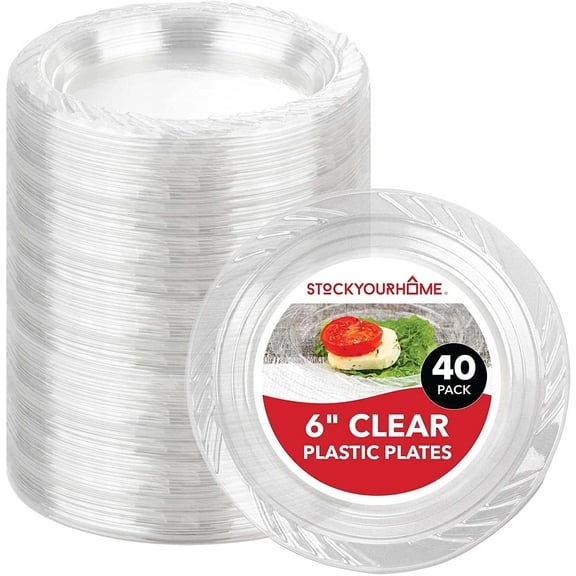 Stock Your Home 6-Inch Clear Plastic Dessert Plates (40 Pack) Flexible Disposable Clear Plates for Dessert & Appetizers, Crystal Clear Small Plates for Parties & Catering, Clear Plastic Party Plates