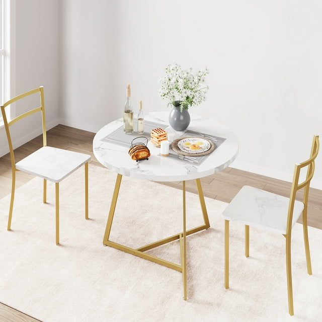 CazToi Juego de mesa de comedor redondo de 3 piezas para 2, mesa y sillas de cocina con cojines tapizados, estructura de madera MDF y metal