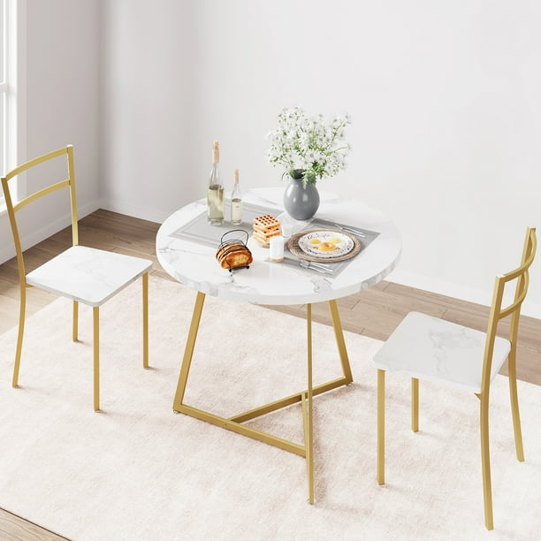 CazToi Juego de mesa de comedor redondo de 3 piezas para 2, mesa y sillas de cocina con cojines tapizados, estructura de madera MDF y metal
