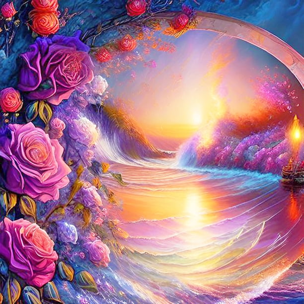 (JC293) Lleno Diamantes Colorido Mar Rosas Serie Paisajes Diamantes Redondos Pintura Diamantes Resina 30*30CM