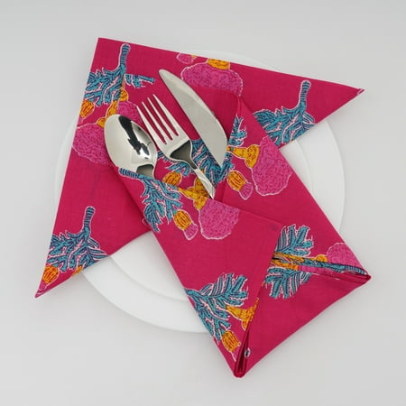 

Cerise Pink Viridian Green Fire Yellow Indian Floral Printed 100% Pure Cotton Cloth Napkins 9x9 - Cocktail Napkins 20x20 - Dinner Napkins