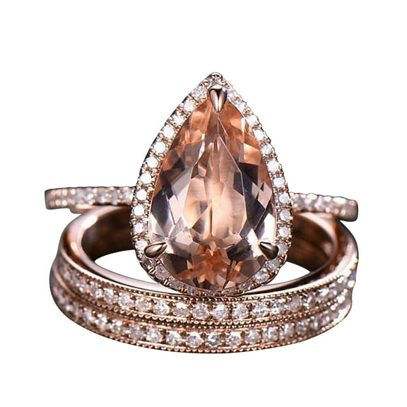 4.75 Carat 11x8mm Pear Shape Morganite Engagement Ring Diamond Moissanite Wedding Set 10k Rose Gold-3pcs