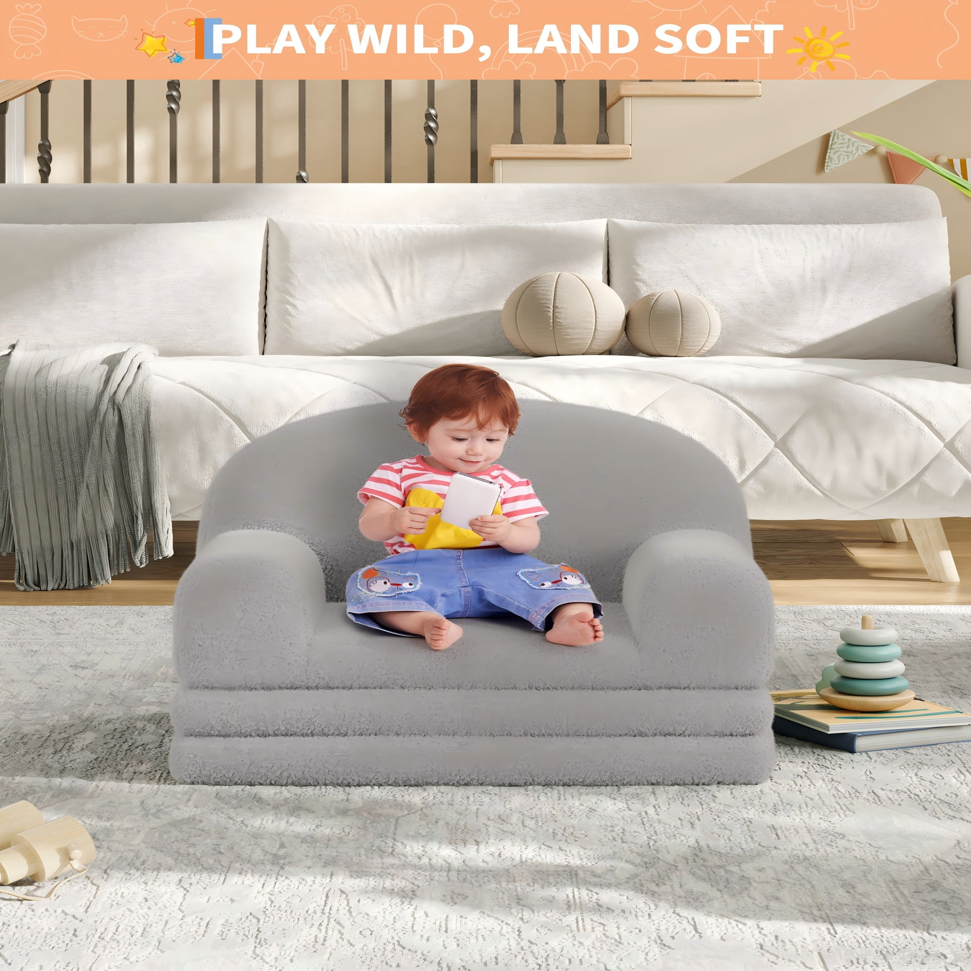 COZONY 2-in-1 Kids Sofa Chair, Convertible Toddler Couch Lounger, Fold-Out Teddy Fleece Sofa Bed