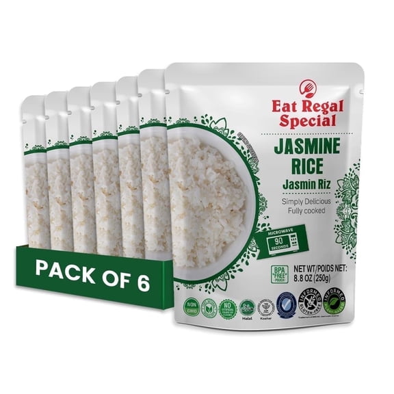 Eat Regal Jasmine Rice, Gluten-Free, 8g Protein per Pouch, Microwave Rice Ready in 1.5 Minutes, Zero Sodium & Cholesterol, 8.8 oz, pack of 6