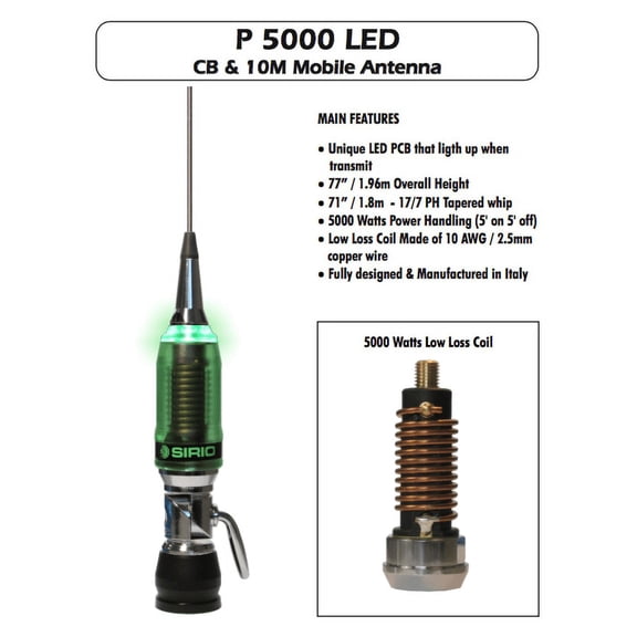 Sirio P5000 38 LED 5000W 10m & CB Trucker Antenna - Light Up in Green
