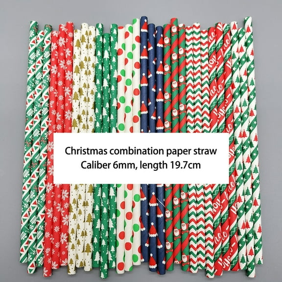 sunsanly 100Pcs Christmas Straws Festive Print Disposable Paper Drinking Straws for Christmas New Year Party