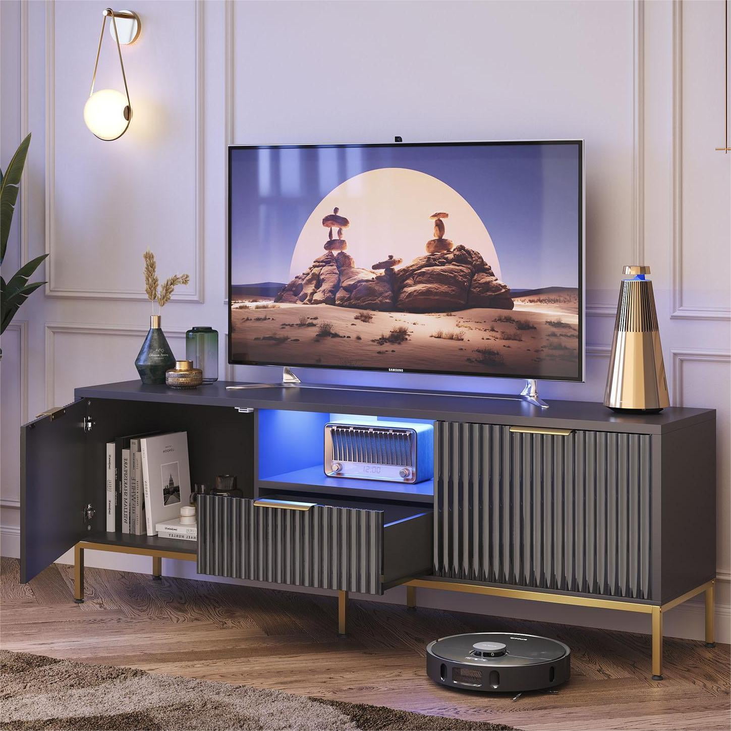 Bestier 55" LED TV Stand for TVs up to 60" Modern High Gloss Entertainment Center with Drawers Fluted TV Console, Black & Gold
