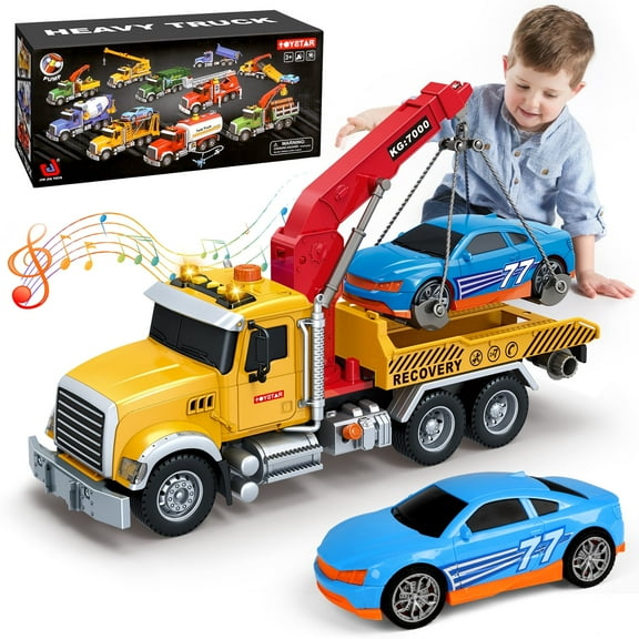 Huge Wave Kids Tow Truck Toys, 15" Large Toddler Car Toys, Transport Truck Crane with Roadster, Lights and Sounds, Birthday Gifts for Boys 3-6 Years