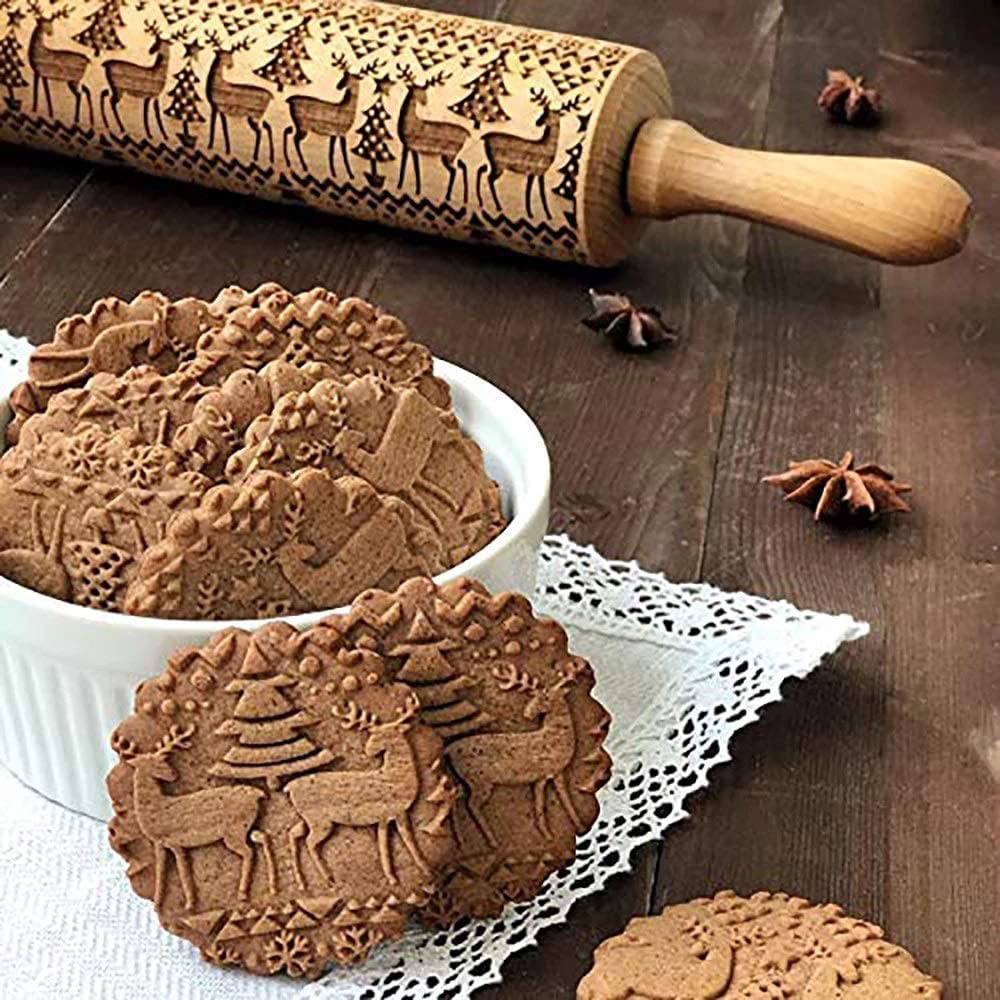 3D Christmas Embossing Wooden Rolling Pin Baking Cookies Tool Dough Roller W8 