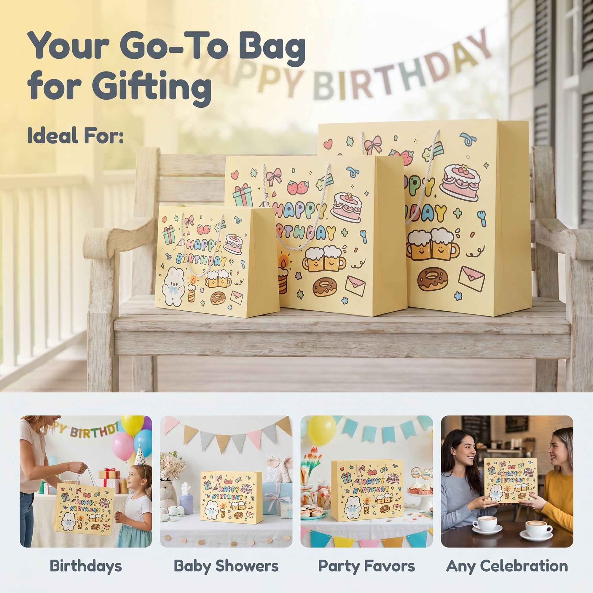 Unique Bargains 6Pcs Vibrant Cartoon Themed Birthday Gift Bags Yellow 7.7" x 3.3" x 5.7"