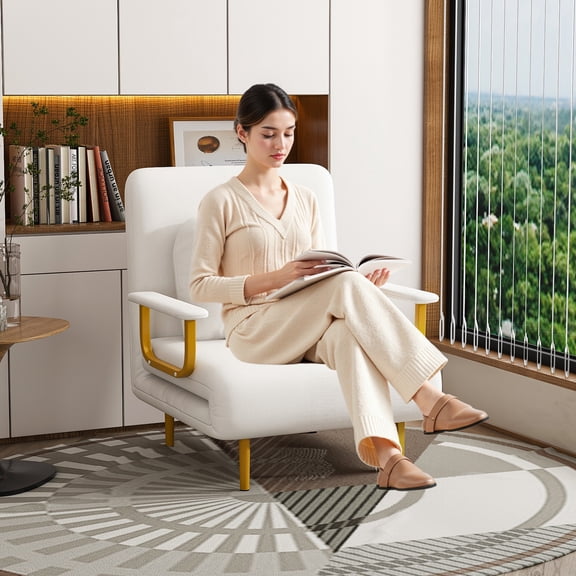 3-in-1 Convertible Sleeper Chair Bed - Adjustable Backrest Sofa Bed with Pillow, White Grass Cloth