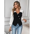 thumbnail image 5 of Women's Color Block V-neck Ribbed Knit Top, Long Sleeve Button Front Slim Fit Cropped Sweater for Daily Wear, 5 of 11