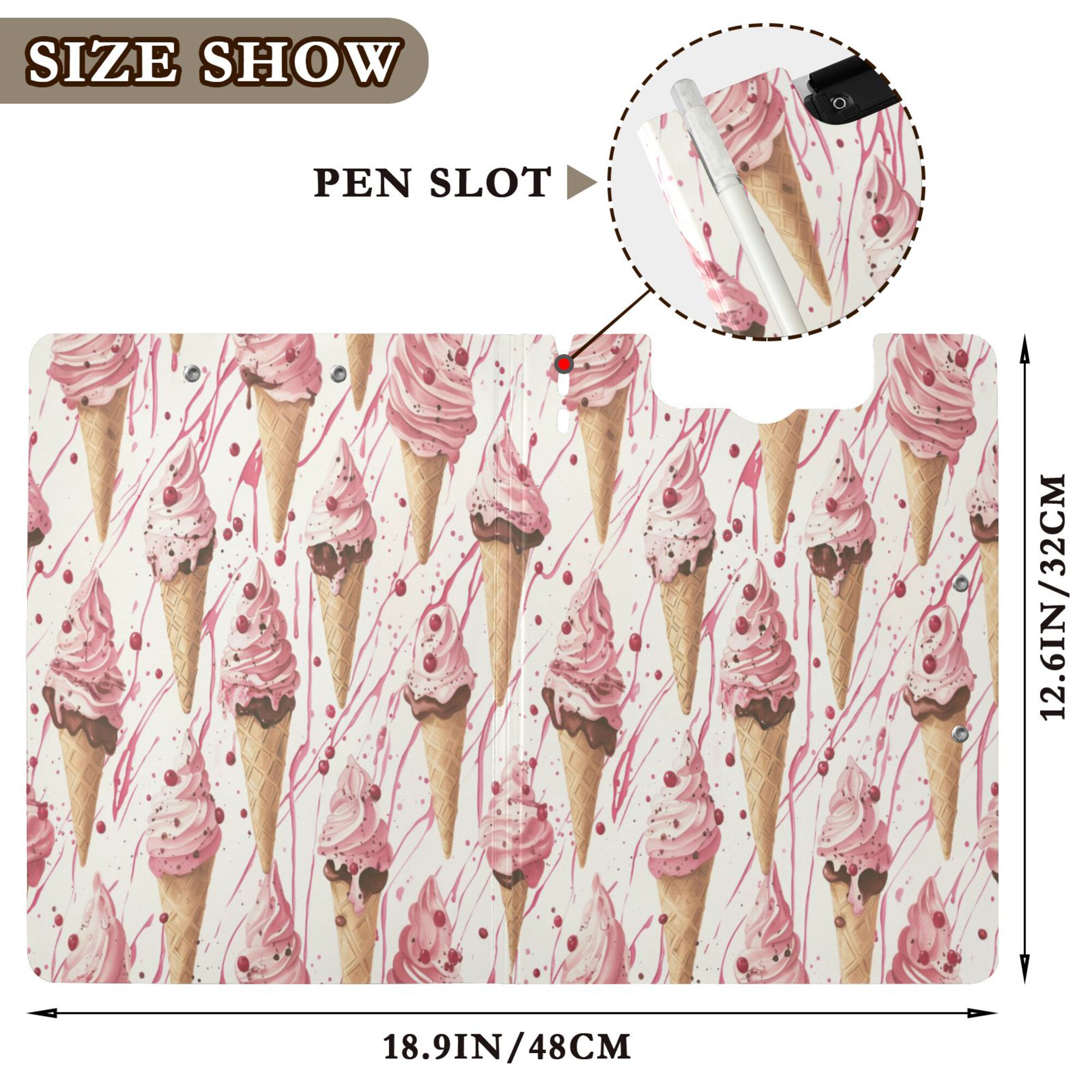 FORMRS A4 Clipboard Folder with Pen Holder Horizontal Foldable School Office Binder, Pink Ice Cream Pattern