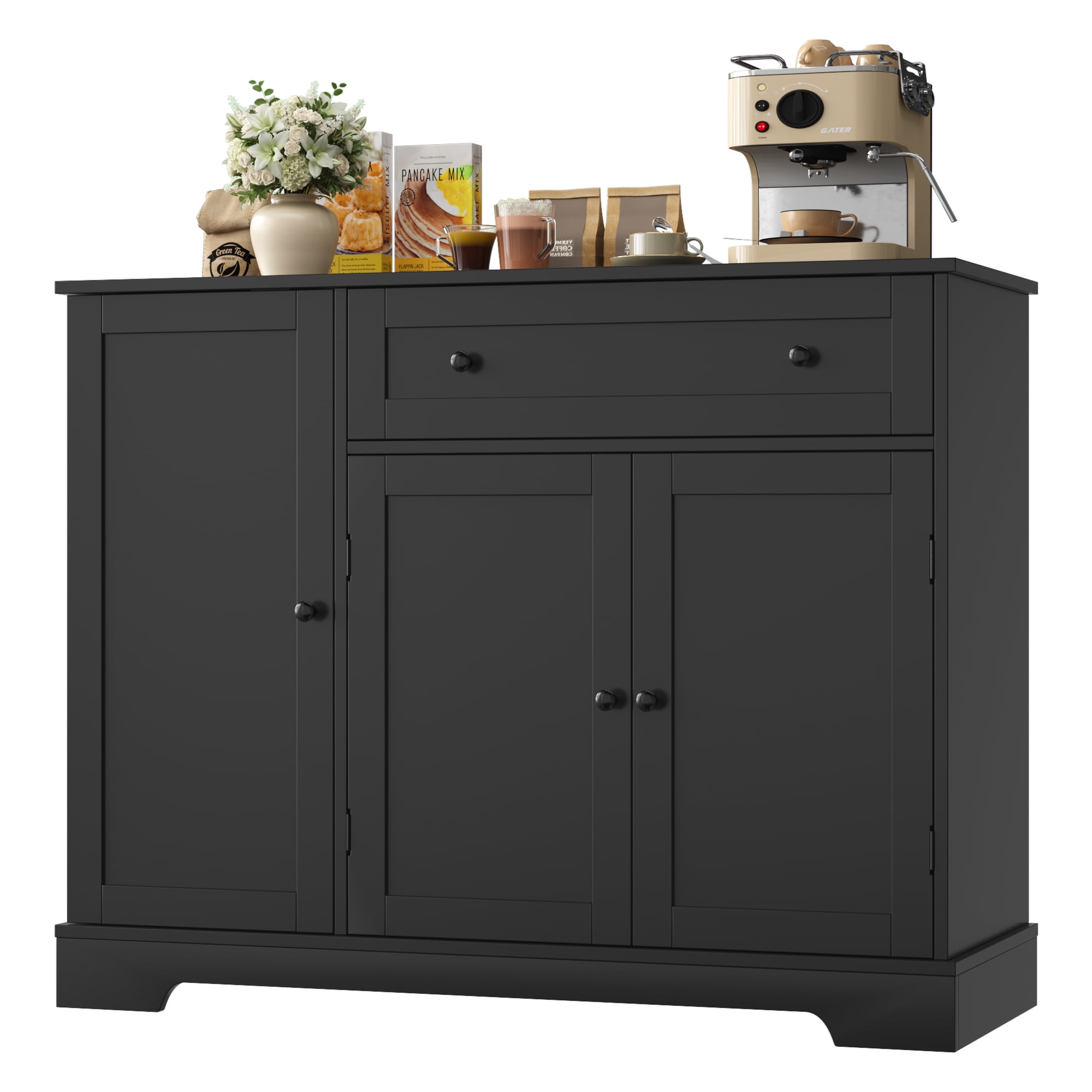 Homfa Sideboard Buffet Cabinet with Drawer, 3 Doors Kitchen Storage Cabinet with Adjustable Shelf for Dinning Room, Black