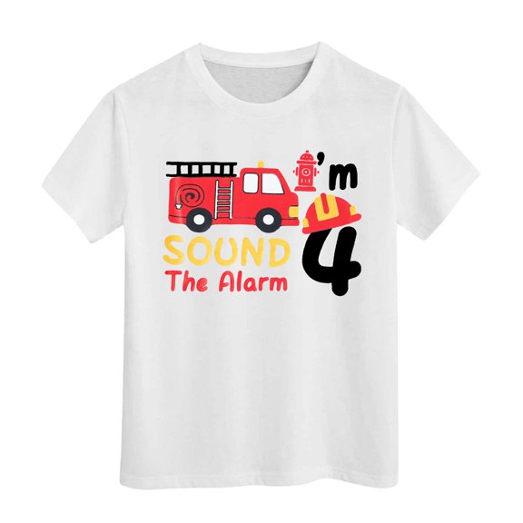 Bobifish 4th Birthday Boy Tees Short Sleeve Crew Neck Fire Truck Graphic Cheerful Fun Birthday Party Wear T Shirts