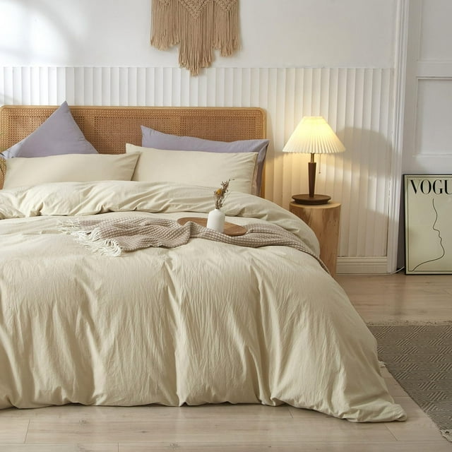 Washed Cotton Duvet Cover Set Linen Feel Natural Wrinkle Lightweight Comfy (King Linen)
