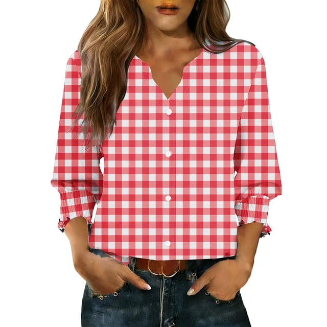 Camisas de Cuello de Tripulación de Manga Corta para las Mujeres, Cardigan con Cuello en V con Mangas 3/4