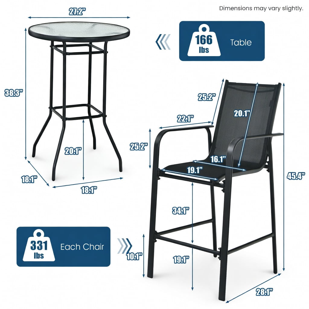 Hommoo 3-Piece Outdoor Patio Bar Set, Steel Frame with Tempered Glass Table & Fabric Stools for Backyard, Poolside & Garden, Black