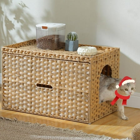 Rattan Cat Litter Box Enclosure - Extra Large Hidden Litter Box Furniture by Handwoven Wicker with Taller Doorway & Raised Edge Mat-Cat House Cabinet for Large Cats Indoor Odor Control, Beige