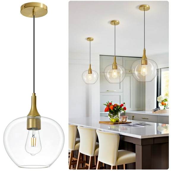 Deyidn 9.45 Inch Modern Gold Pendant Light with Clear Glass Shade, Adjustable Hanging Chain for Kitchen Island, Dining Room, Bedroom, Ceiling Lighting Fixture