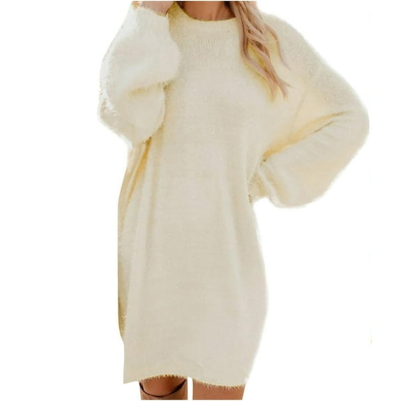 Women s Oversized Fluffy Sweater Dress Crew Neck Long Sleeve Loose Fit Soft Plush Casual Mini Dress Available in Perfect for Fall Winter Comfy Stylish Pullover Dress
