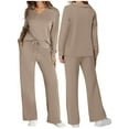 thumbnail image 2 of Women's Two Piece Set Casual Loungewear V-Neck Outfit Fall Travel Matching Lounge Set Brown L, 2 of 6