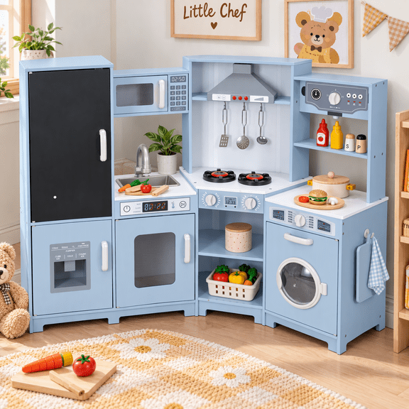 LAZY BUDDY Pretend Play Corner Kitchen, Ultimate Interactive Wooden Kids Kitchen Playset with Cooking Accessories, Gift for Toddler Ages 3 