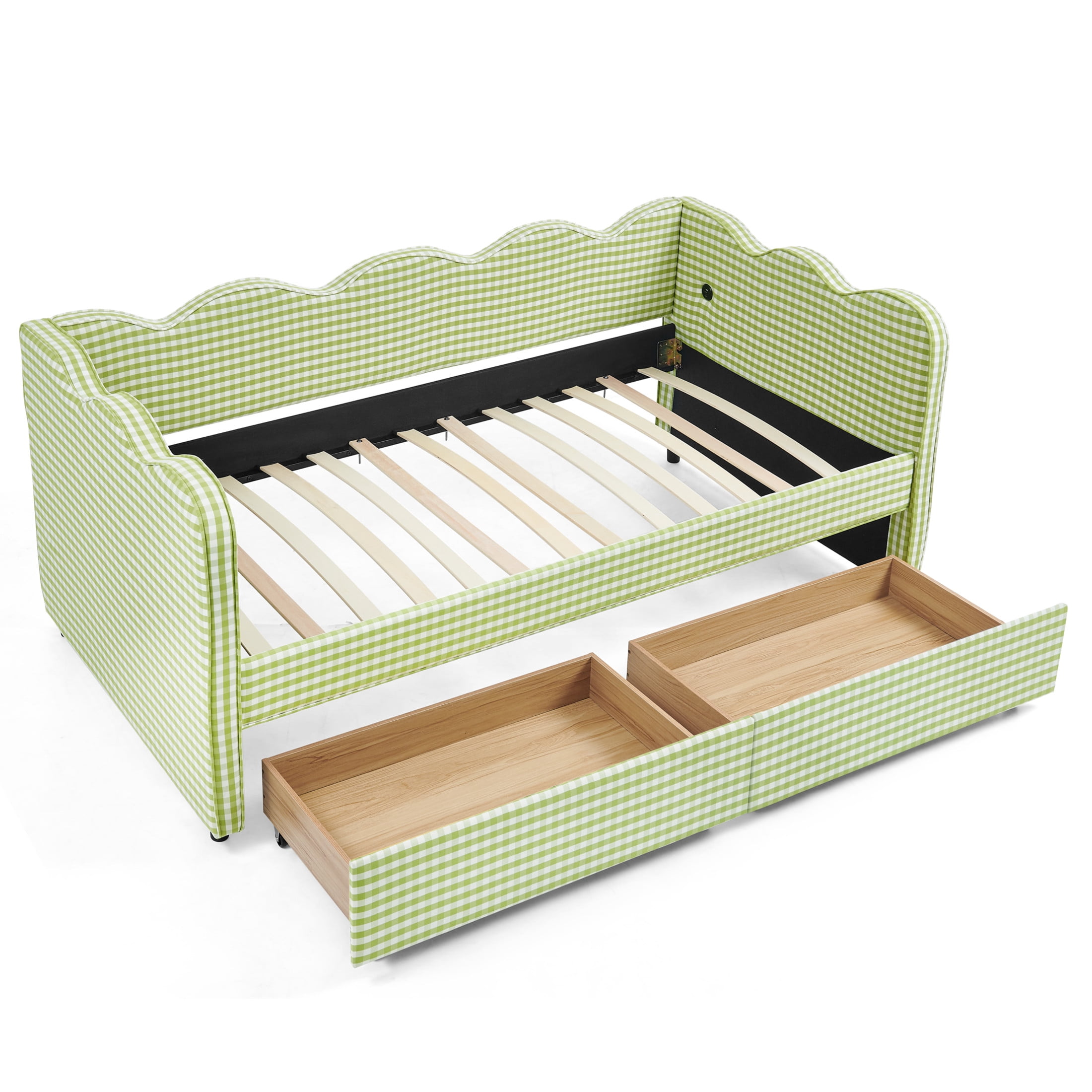 Noble House Corlan Twin Size Waved Daybed, Cozy Gingham Linen Sofa Bed with Storage Drawers and Charging Port, Green