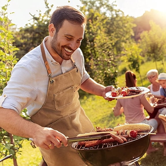Adjustable Canvas Kitchen Apron with Pockets, Heavy‑Duty Work Apron with Leather Straps, Waterproof Apron for Cooking BBQ Grilling Gardening