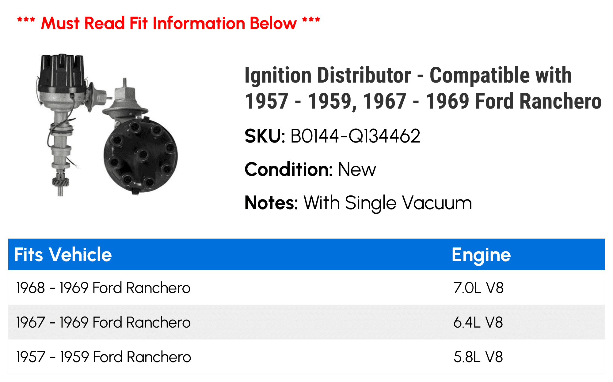 Ignition Distributor - Compatible with 1957 - 1959, 1967 - 1969 Ford Ranchero 1958 1968