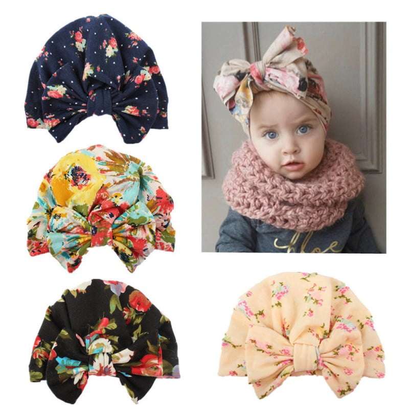 Floral Print Printing Knotted Headband Cute Baby Cap Kids Baby Turban Beanie Hat 