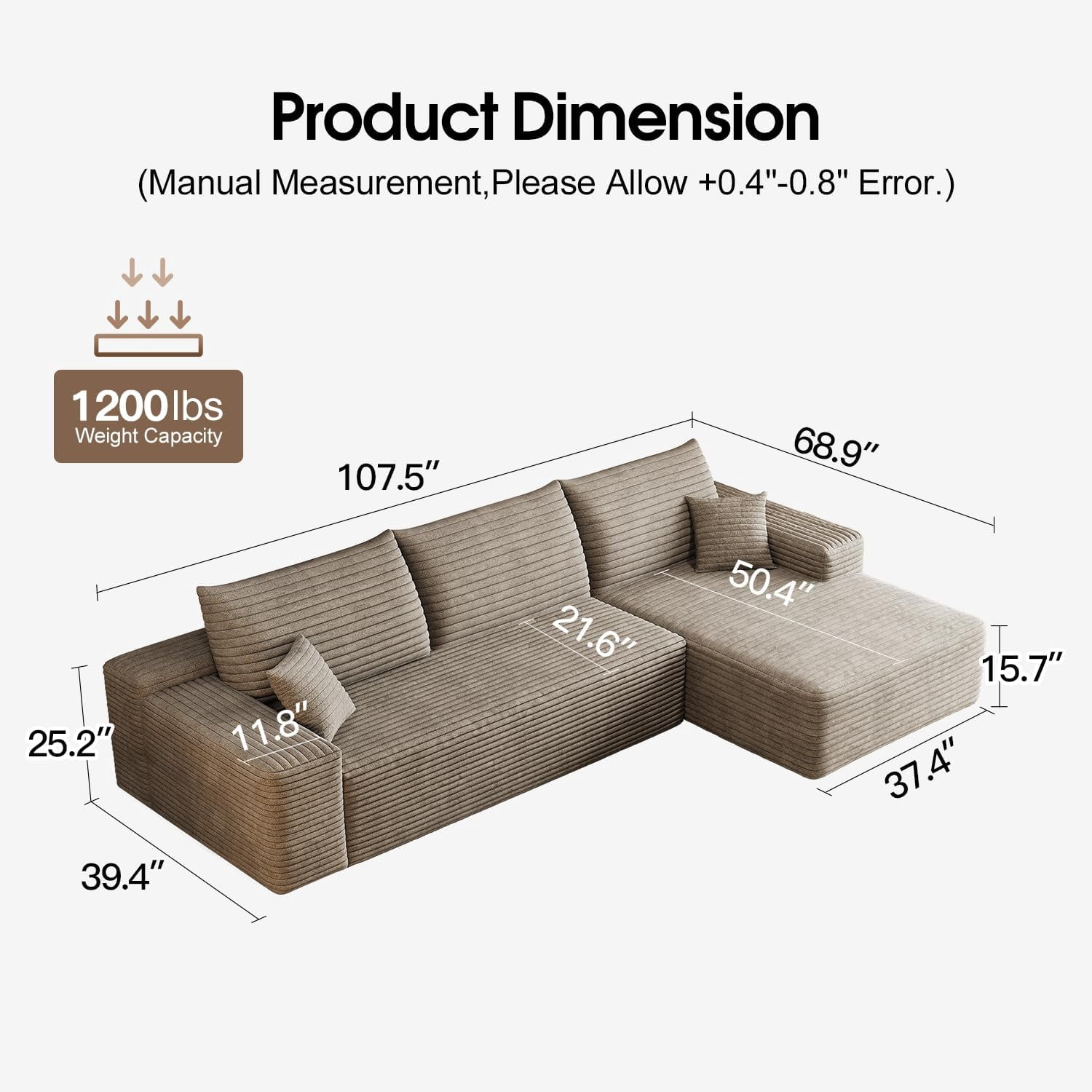Sailvan 107" Cloud Sectional Couch, Cloudy Sofa with L-Shape Chaise, Upholstered Couches for Living Room & Bedroom, No Assembly Required, Plush Corduroy Fabric, Camel