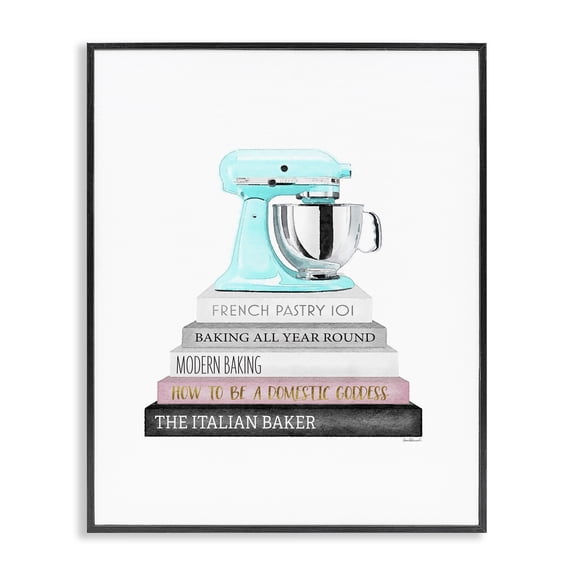Stupell Industries Art Deco Grey Pink and Black Fashion Bookstack with Teal Mixer Black Framed Giclee Art, 11 x 14, by Amanda Greenwood