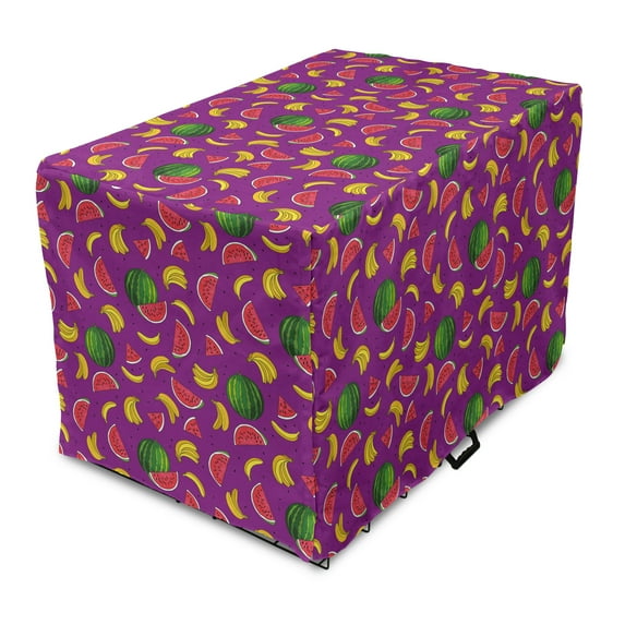 Fruit Dog Crate Cover, Watermelon Bananas Summer Tasty Traits of Nature Cuisine Rhythmic Motifs Print, Easy to Use Pet Kennel Cover Small Dogs Puppies Kittens, 7 Sizes, Purple Multicolor, by Ambesonne