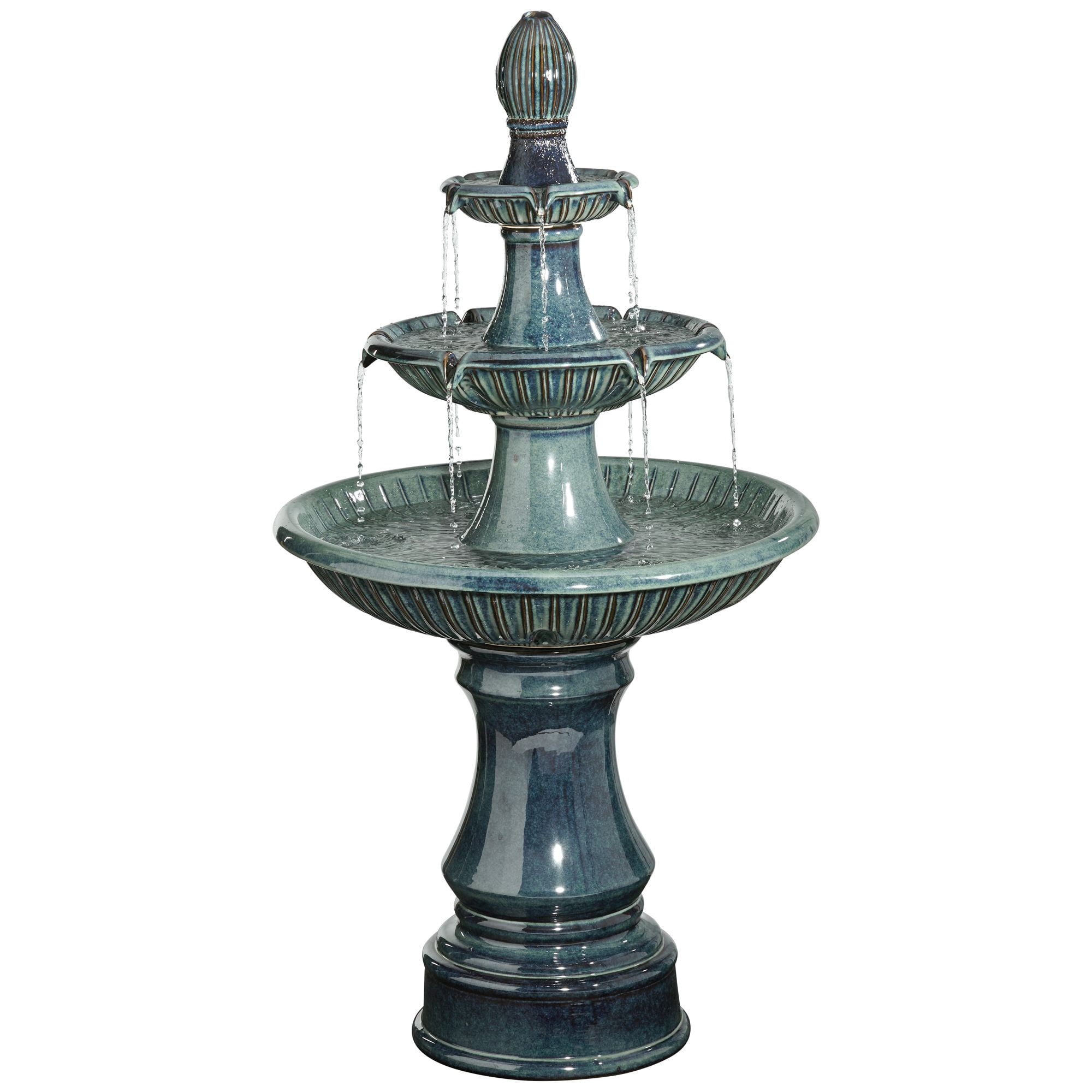 Formentera 46" High Large Italian Indoor Outdoor Decor Teal Blue Ceramic Floor Fountain with Light LED 3-Tier
