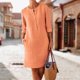 thumbnail image 4 of Vestido Vestido informal de lino y algodón con cuello redondo para mujer, traje diario con botones (naranja XL) Ygjytge Naranja T XL para Mujer, 4 of 6