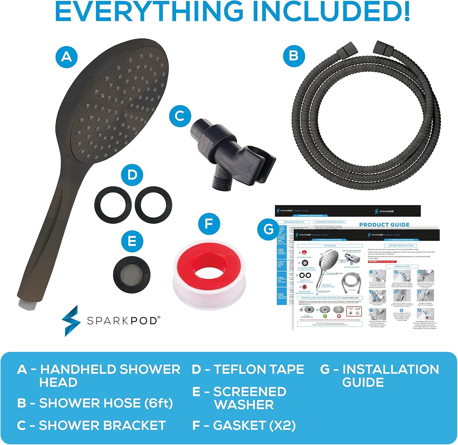 SparkPod Rainfall Shower Head with Handheld - 6-Inch Head, 6ft Hose, Adjustable Bracket (Vintage Oil-Rubbed Bronze)