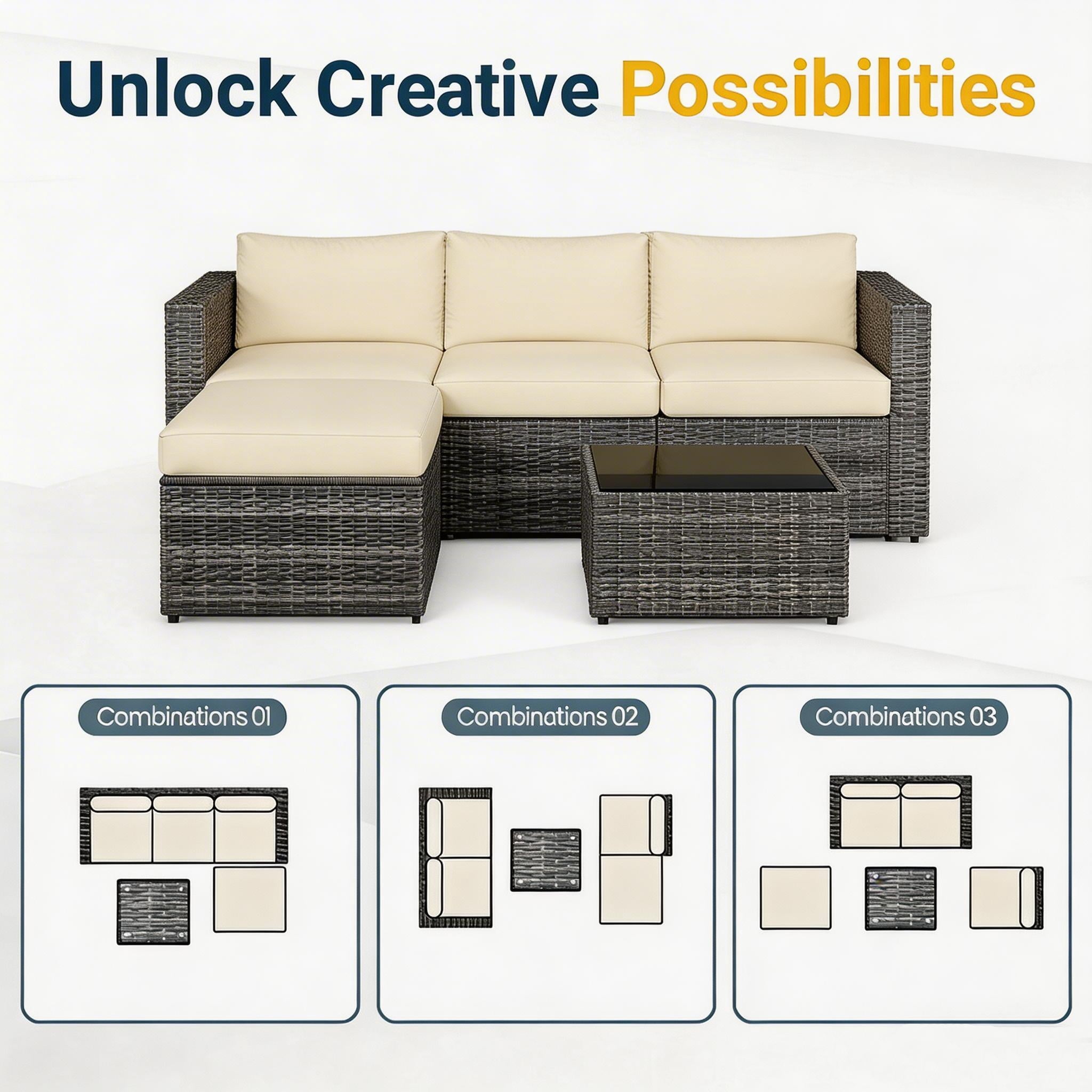 Mayincolor 5 Piece Outdoor Patio Sectional Furniture Set, Rattan Outside Couch, Wicker Conversation Sofa for Balcony, Porch, Backyard, Deck, Garden,Beige