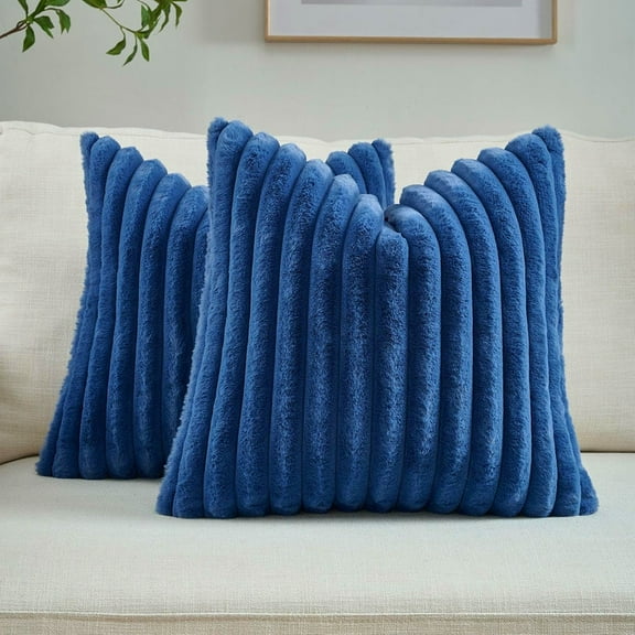 Throw Pillow Covers Decorative Faux Fur Set of 2 22 x 22 Inch Pillow Covers, Soft Navy Blue Striped Outdoor Pillowcases for Couch Sofa Bed Living Room, Fluffy Cute Home Boho Accent Fuzzy Decor